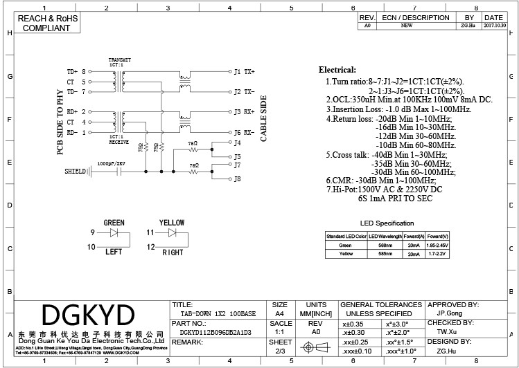 DGKYD112B096DB2A1D3 Dual Port RJ45 Connector With Light Shield 8P8C