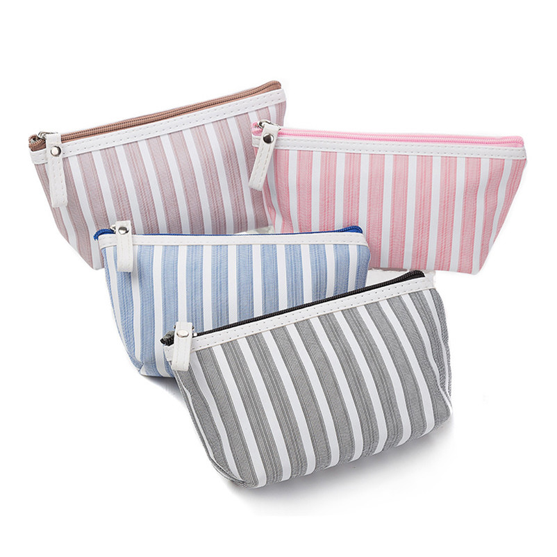 Plain Stripe Cotton Canvas Cosmetic Makeup Bag