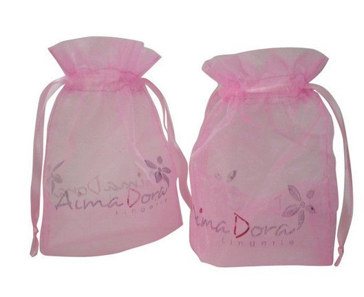 Pink Organic Fabric Drawstring Bag , Nylon Storage Bags With Ribbon Strings 8cm * 6cm