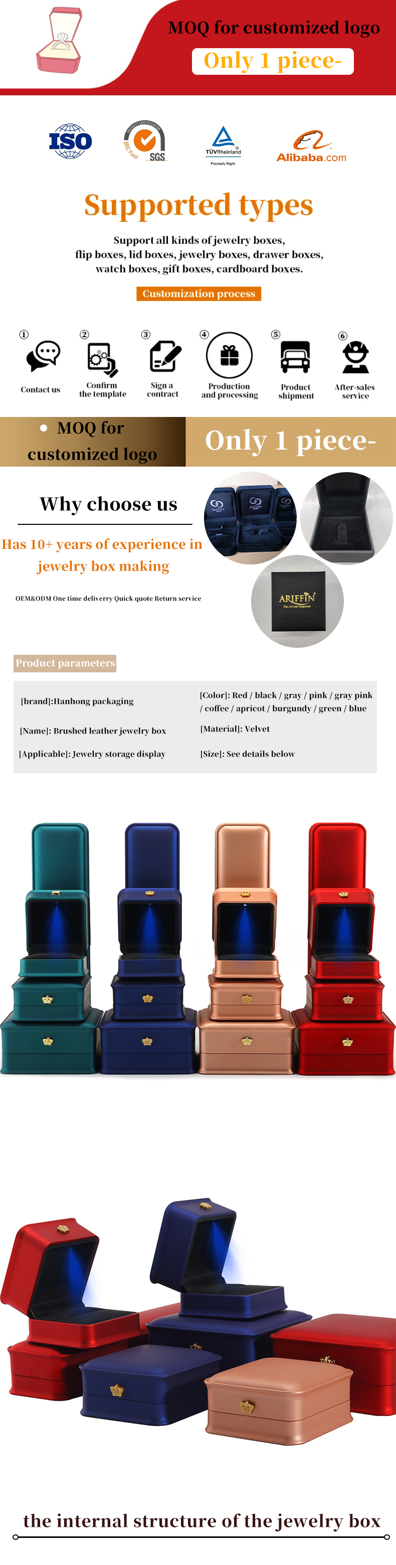 Multicolored LED Bracelet Necklace Ring Box with Plastic Velvet Material from Hanhong