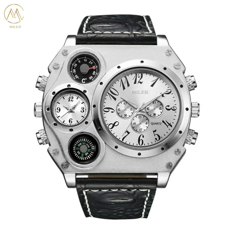 Miler ML777 Waterproof Quartz Watch with Leather Band 14cm Case