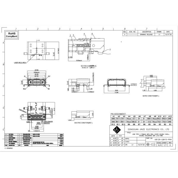 LCP Black Micro Female USB C Solder Connector Double Shells Socket