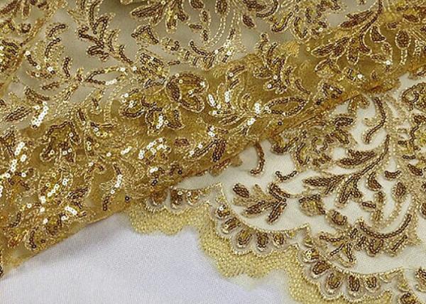 Cheap Stretch Golden Lurex Sequin Lace Fabric , Nylon Mesh Fabric With Sequin Golden Thread for sale