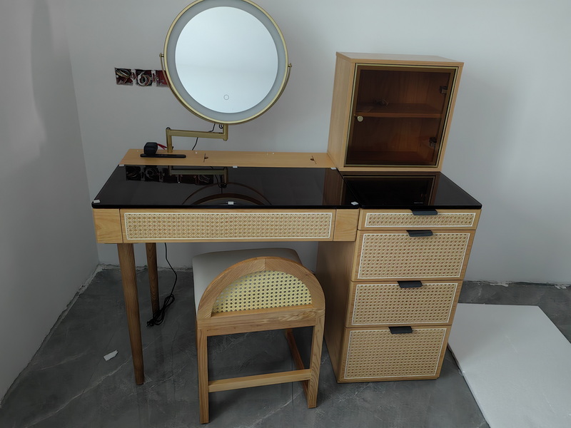 Solid Wood Corner Makeup Vanity Set Dressing Table Rotatable Mirror
