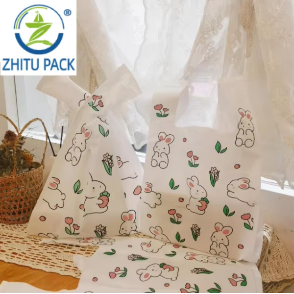 Milky White Rabbit Holding Radish Recyclable Plastic Takeout Bag Cute New Year Gift for Baking Desserts Noodles Tampons