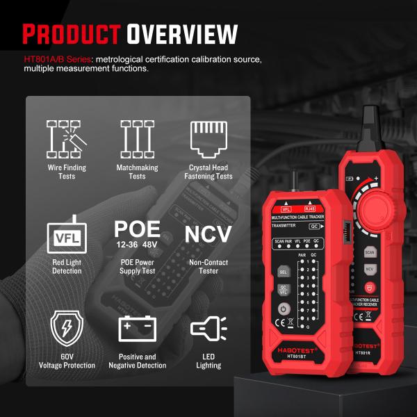 HABOTEST 801A/B Precision Professional Network Cable Tester - RJ45 Ethernet LAN Tester for Cat5, Cat5e, Cat6, Cat6a Cable Diagnostics, Wire Mapping, and Fault Detection