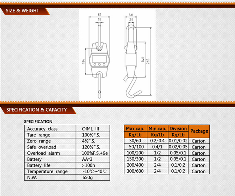 300Kg Capacity Handheld LED Display Orange Digital Mini Crane Scale for Farm Hunting Fishing ABS Stainless Steel