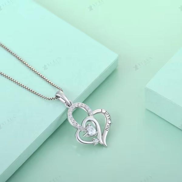 Real Silver I Love You Heart Pendant Necklace Multi Color Heart Cubic Zirconia Luxury Silver 925 Heart Necklace Jewelry
