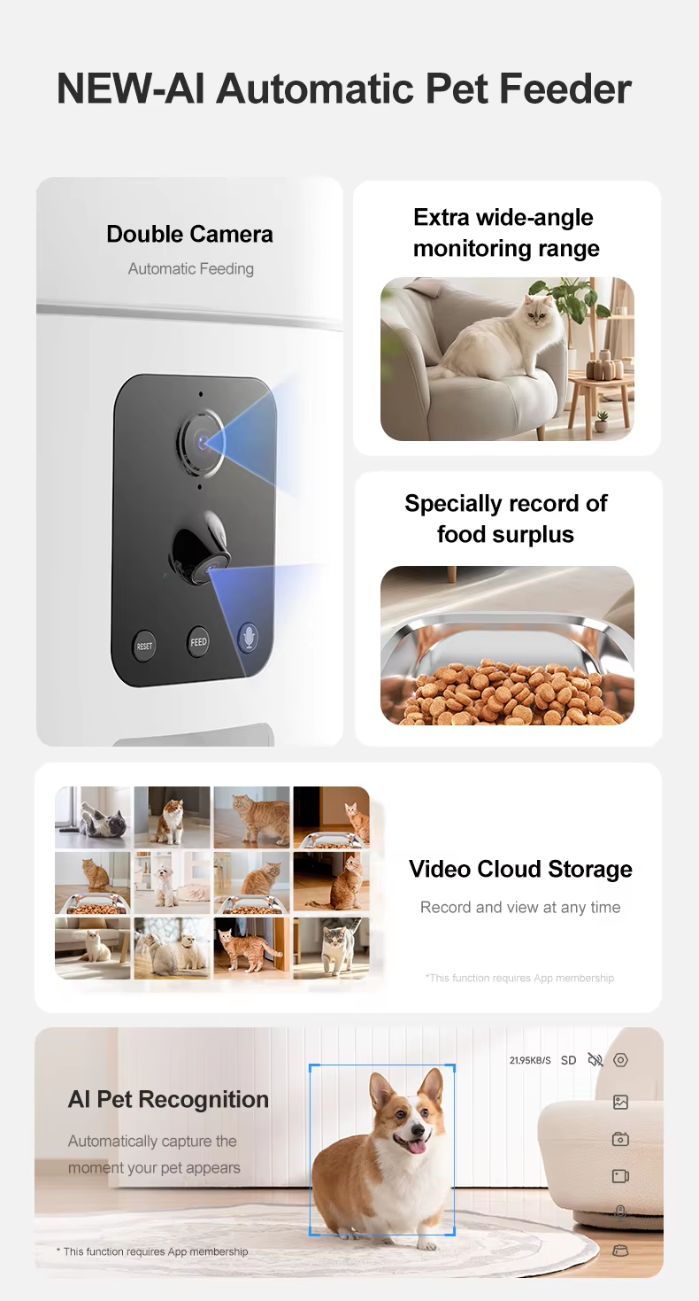 Intelligent 6L Large Capacity Dual Camera AI Dog Cat Food Dispenser Eco-Friendly Automatic Charging Plastic Bowl Feeder
