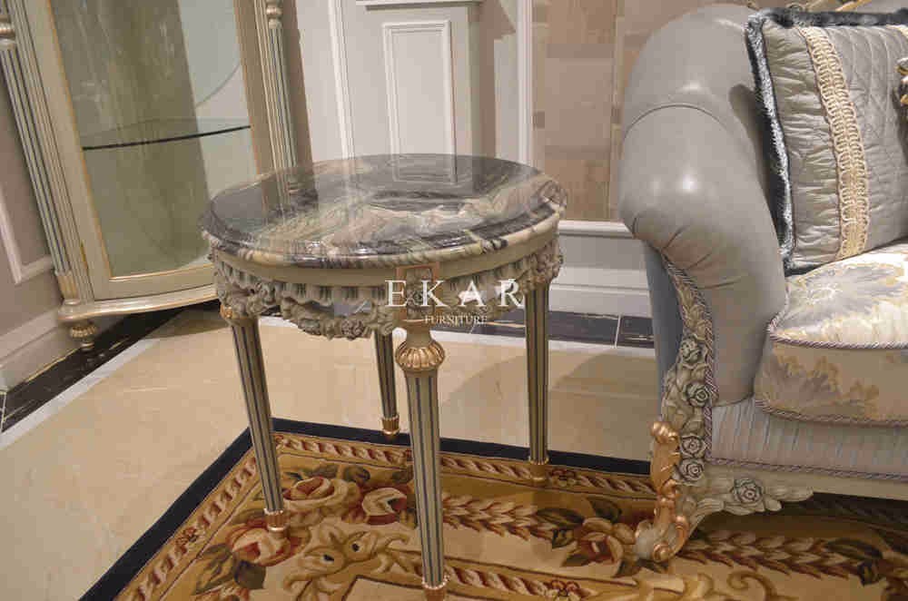 Corner Carved Wood Marble Top Coffee Antique End Table For Sofa