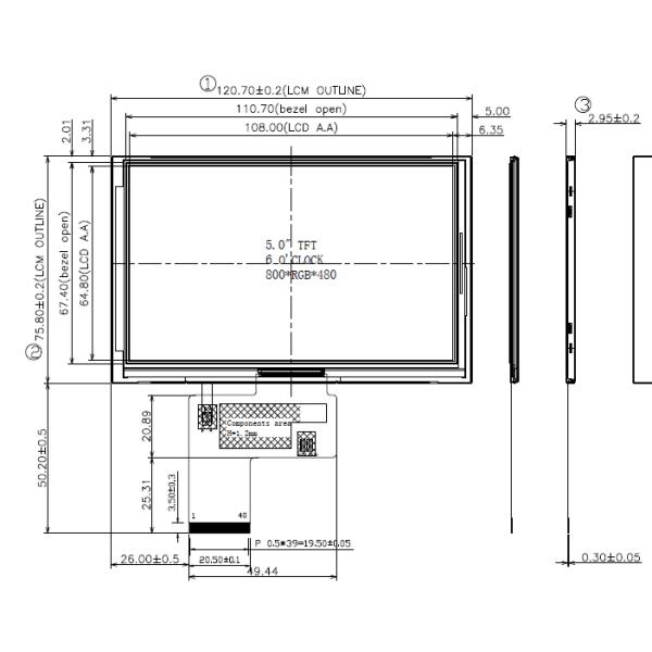 Transflective 5 Inch Tft Lcd Display Sunreadable RGB Interface 6H Viewing Angle