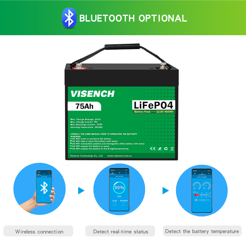 Visench 5000 Deep Cycle 12V 75Ah Lithium Iron Phosphate Battery Lifepo4 Battery For Campers Rv Solar Energy System