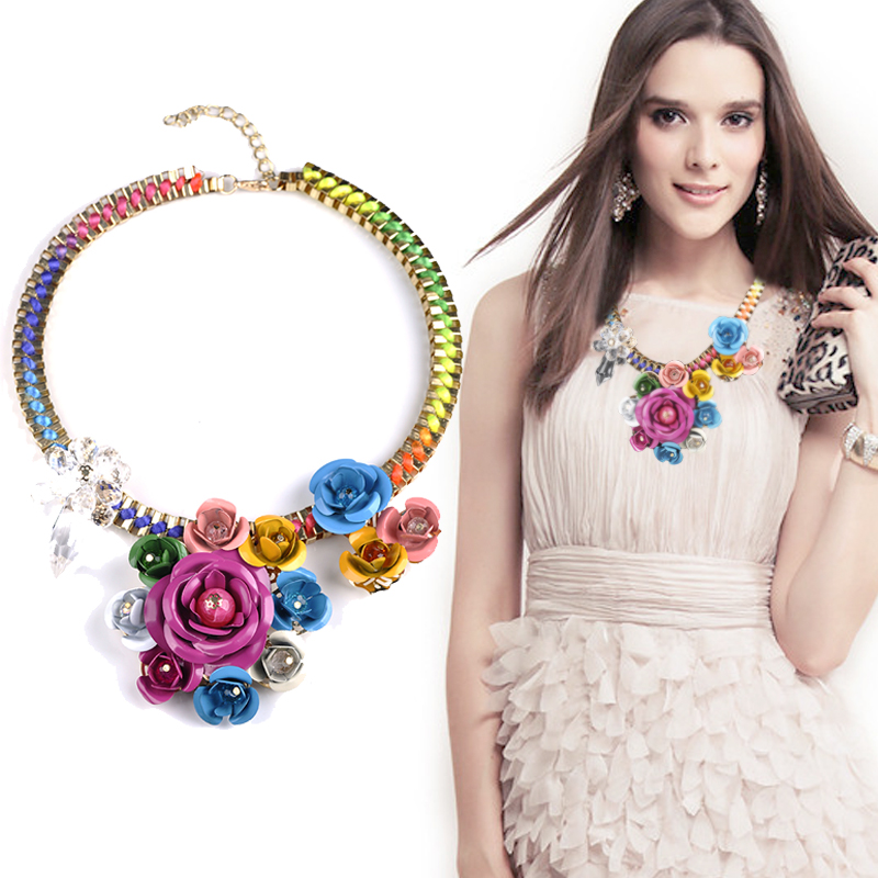 Hot Sale Fashion new multi color flower necklaces pendant chunky statement necklace