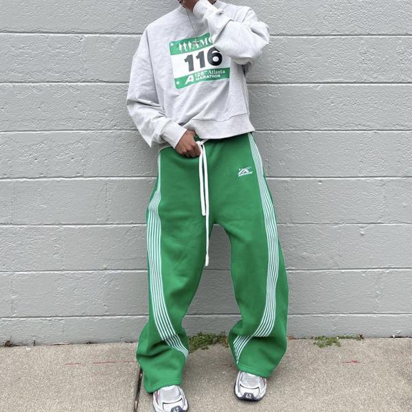 Custom Jogger Logo Street Wear Sweat Track Pants Men Heavyweight French Terry Oversized Wide Leg Striped Baggy Sweatpants
