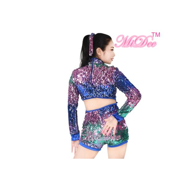 MiDee Full Sequins Ombre Neon Color Sequined Long Sleeve Dance Biketard Jazz Costume Jumpsuits