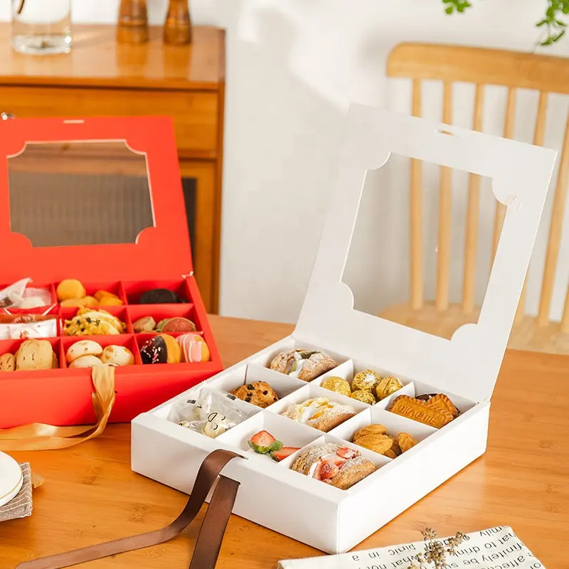 Eco Friendly Clear Lid Custom White Paper Donut Dessert Packaging Box With Grid Divider