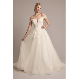 Buy cheap Unique Appliques Lace Beaded Off-the-shoulder Chapel Train Zipper Ivory Tulle from wholesalers