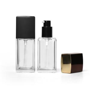 China Square Shaped 30ml Empty Liquid Foundation Glass Bottle With Gold Top Pump on sale