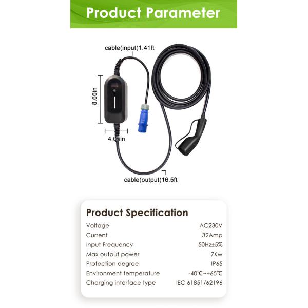 IEC 62196 Portable Ev Charger 220V 7KW MAX 32A SAE J1772 GBT 20234