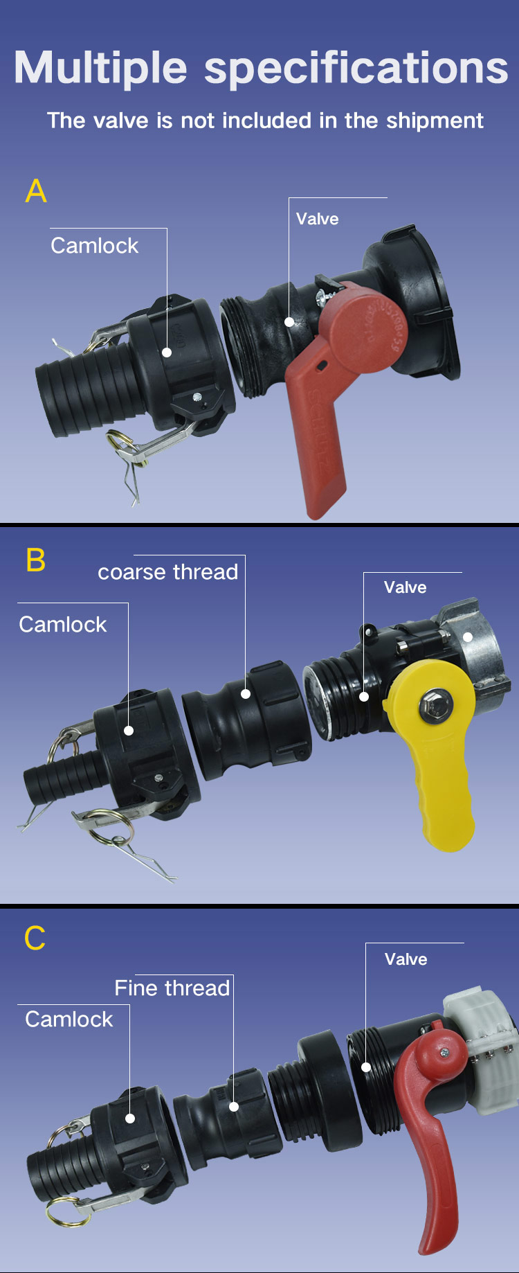 Black UMETASS IBC Water Tank Valve Camlock Quick Coupling Fitting Adapter Plastic Accessories Female Outlet to 2"2" BSP Coupling