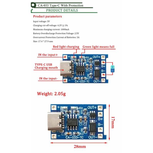 CA-033 Micro Type-C USB 5V Charging Board Dual Function 1A Li-Ion Lithium Battery Charger Module 18650 TP4056 ICs Product