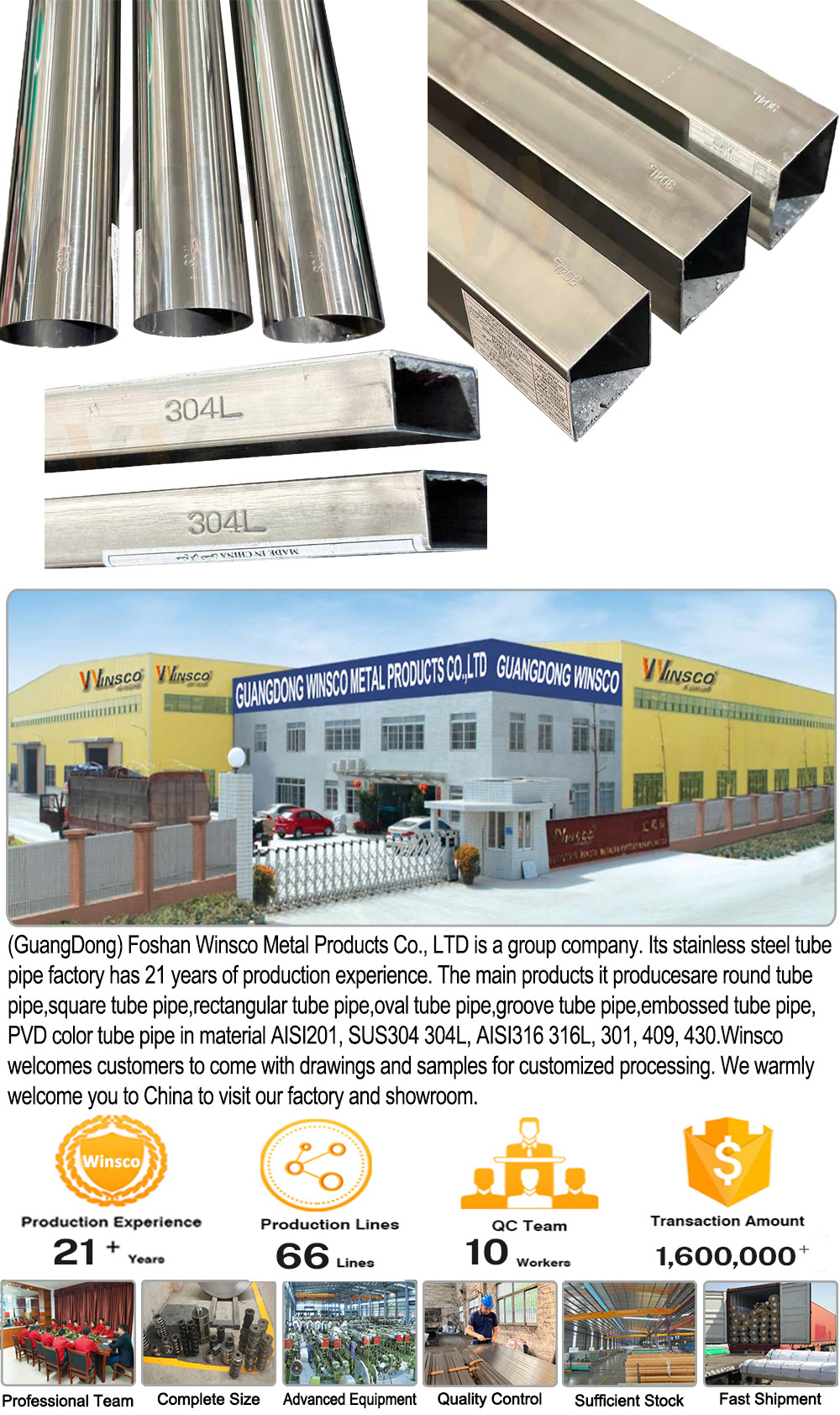 Corrosion Resistance Winsco Metal Inox Welded Pipe 304L Grade Stainless Steel Round Square Rectangular Tube