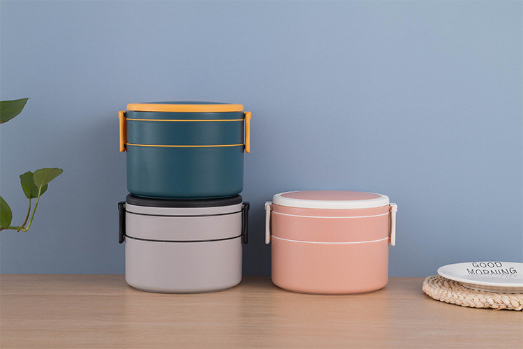 Double-Layer Pink Portable Plastic Bento Lunch Box With Lid 1400ML Round