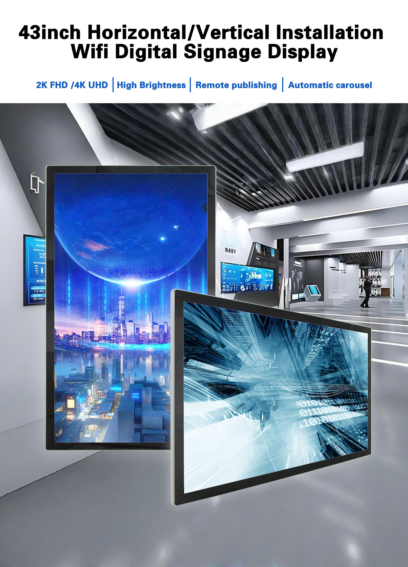 43 inch Super Slim Wall Mount PCAP Touch Screen LCD Digital Signage Display