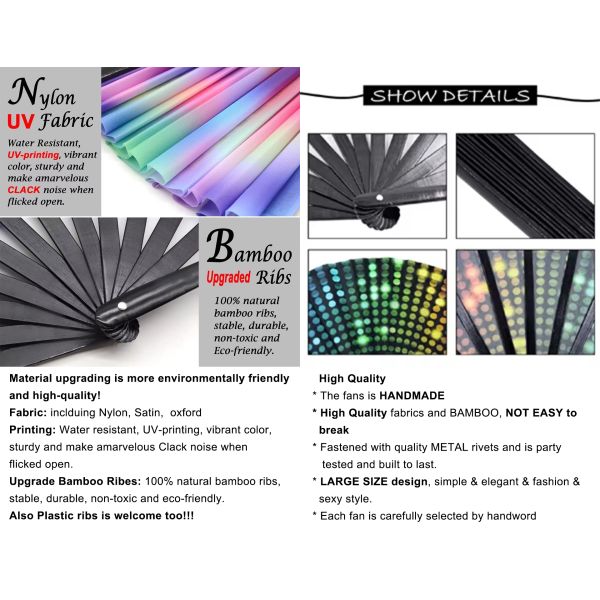 Large Reflective Hand Fan 27cm / 33cm Holographic UV Fan High Premium Bamboo Folding Clack Rave Fan for Party Use
