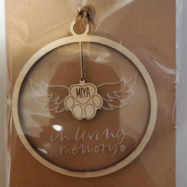 Birch Wood Engraved Pet Memorial Ornament Bauble With Glitter Ribbon