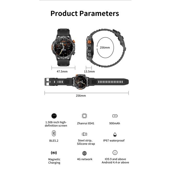 BH11 Outdoors GPS Smart Watch 4G SIM 1.5" AMOLED Display Camera Video 2G+16GB 900mAh IP67 Health Tracker Sports Answer Calls
