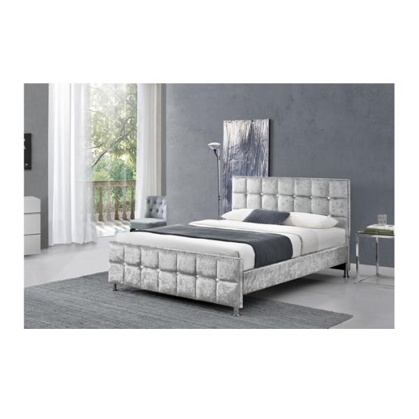 Crystal Button European Style King Size Bed Frame With Headboard Crushed Velvet Fabric
