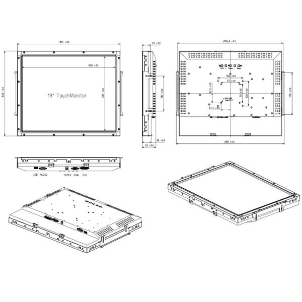 19 Inch SAW Touch Monitor , 1 Point Open Frame Touch Screen Monitor