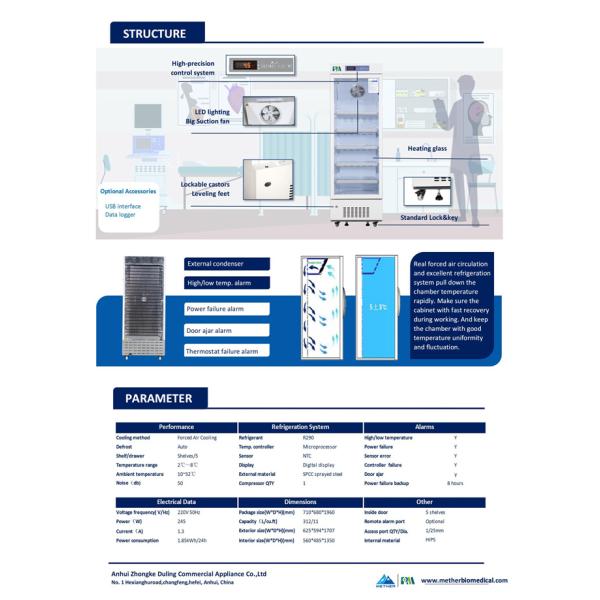 2-8 Degree 312L Large Capacity Pharmaceutical Medical Refrigerator Fridge With Single Glass Door For Vaccine Storage