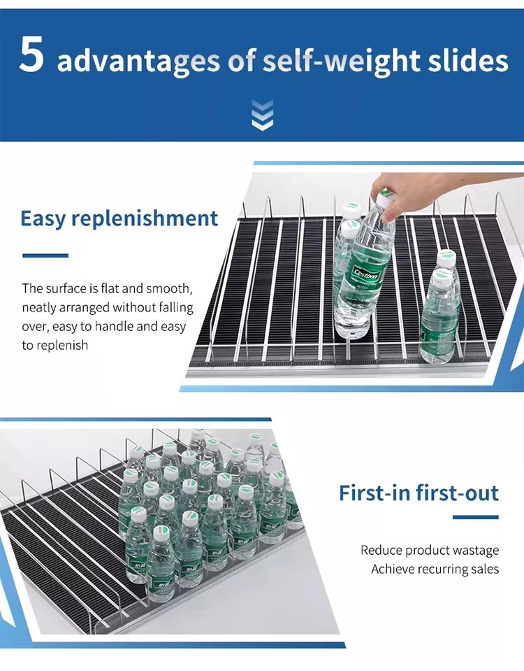 Automatic Fridge Auto Feed Spring Loaded Bottle Canned Drink Beverage Water Roller Glide Shelf Pusher System