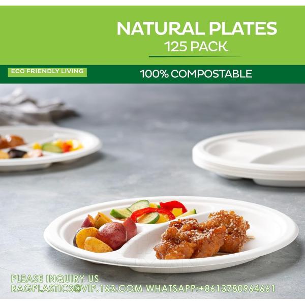 Compostable Disposable Paper Plates 10 Inch Heavy Duty, Eco-Friendly 9" Natural Disposable Paper Plates 3 Compartment