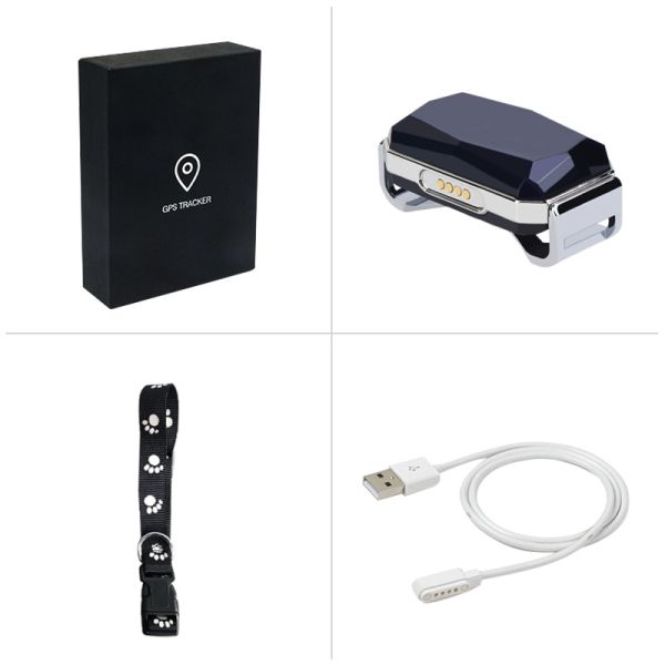 Rechargeable GPS Navigator Dog Collar Black Leather Blue Gem Shaped Adjustable Metal Buckle Waterproof 3 Year Battery Life