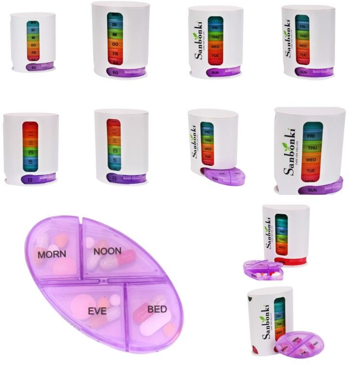 28 compartment column shape plastic pill storage box with pill crush box, Conventional eco-friendly 4 grids plastic trav
