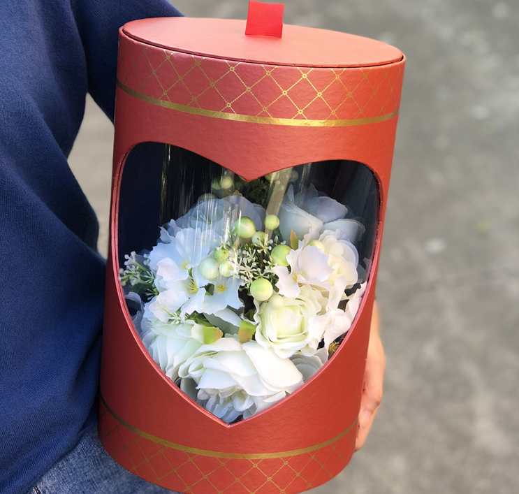 Custom Luxury Clear Window Transparent Paper Round Cylinder Shape Wedding Flower Boxes
