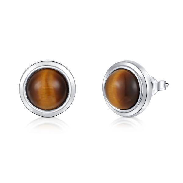 Rhodium Plated 925 Sterling Silver Gemstone Earrings Round Tiger Stone Earrings