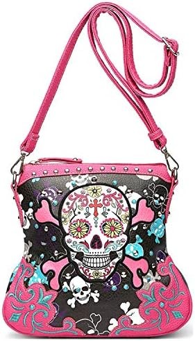 SUGAR SKULL DAY OF THE DEAD CROSS BONE ROCK METALLIC PURSE SKELETON LEATHER PURSE WOMEN CROSSBODY HANDBAG SHOULDER BAG
