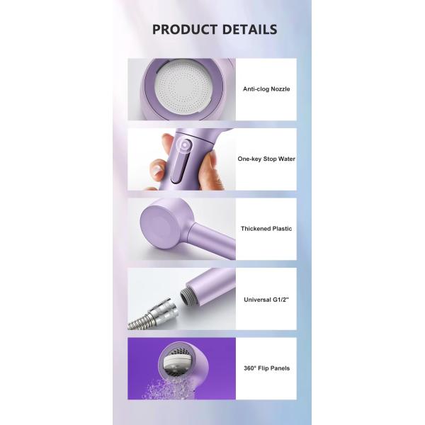 High-pressure shower head with 360° rotatable spray nozzle that can be stopped with one button. 4 spray modes for massaging the bathroom shower.