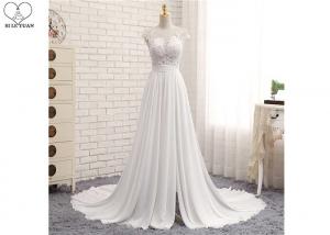 China High Slit A Line Bridal Gowns / Cream Colour Wedding Gown Open Back Pleated Tail on sale