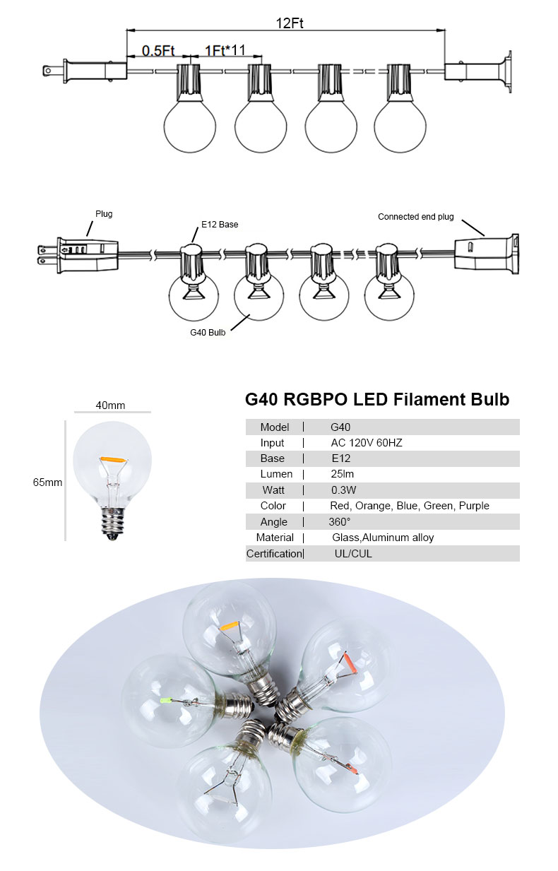 Hot Sale 25Feet G40 string light Multicolor LED Globe String Light Patio Wedding string lights