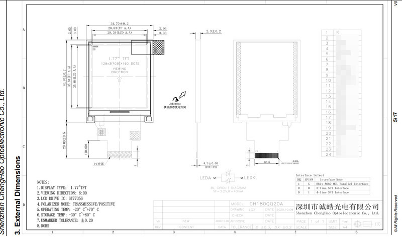 1.77 Inch 24 Pin 8 Bit Tft Lcd Modules 8080 Series System Interface
