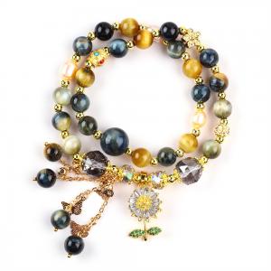 China Unique 8MM With Dream Tiger Eye SunFlower Spinner Charm  Blessing Crystal Double Layer Bracelet on sale