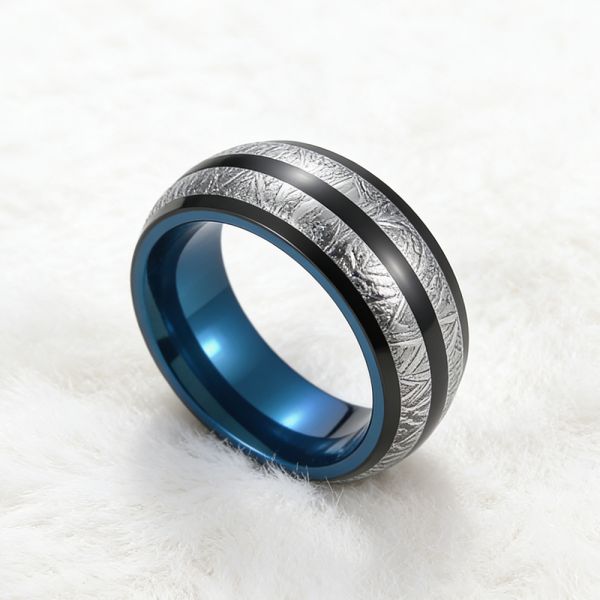 8mm Polished Tungsten Wedding Band Ring with Meteorite Inlay for Men and Women