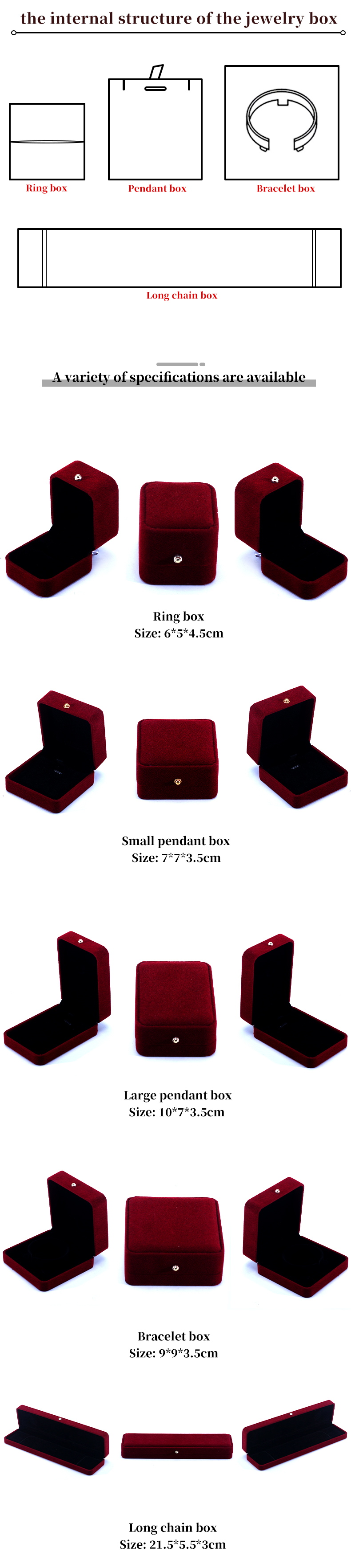 Luxury Red Velvet Jewelry Packaging Box for Necklace Bracelet Earrings Ring