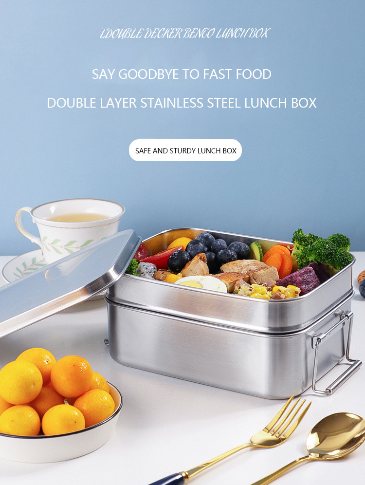 304 Stainless Steel Metal Bento Lunch Box With Double Layer And Two Capacity Options