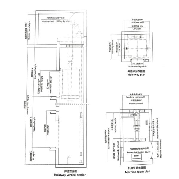 Speed 1.0 M/S And Load 1600kg With High Speed Elevator lift Hoistway Width 2000mm
